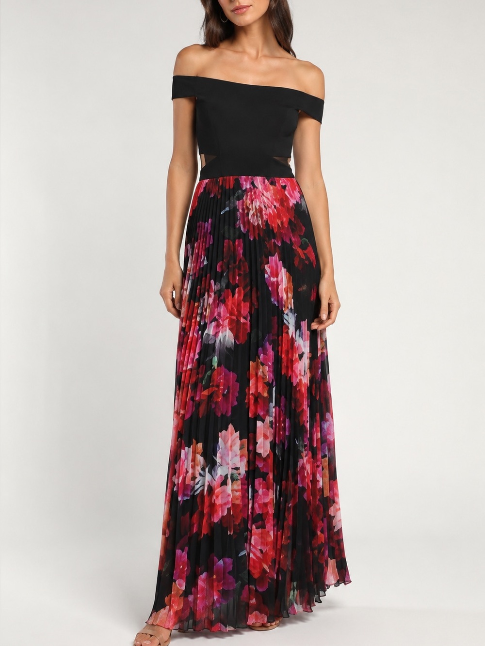 Aqua $298 Pleated Floral Maxi Dress Size 6 Black Pink Elegant Evening Gown